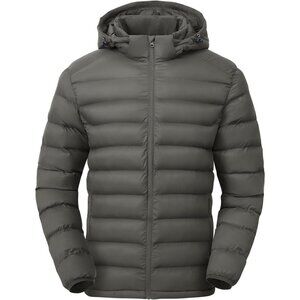 Men’s Gray 100% Nylon Hooded Zip-Up Lightweight Warm Winter Puffer Jacket